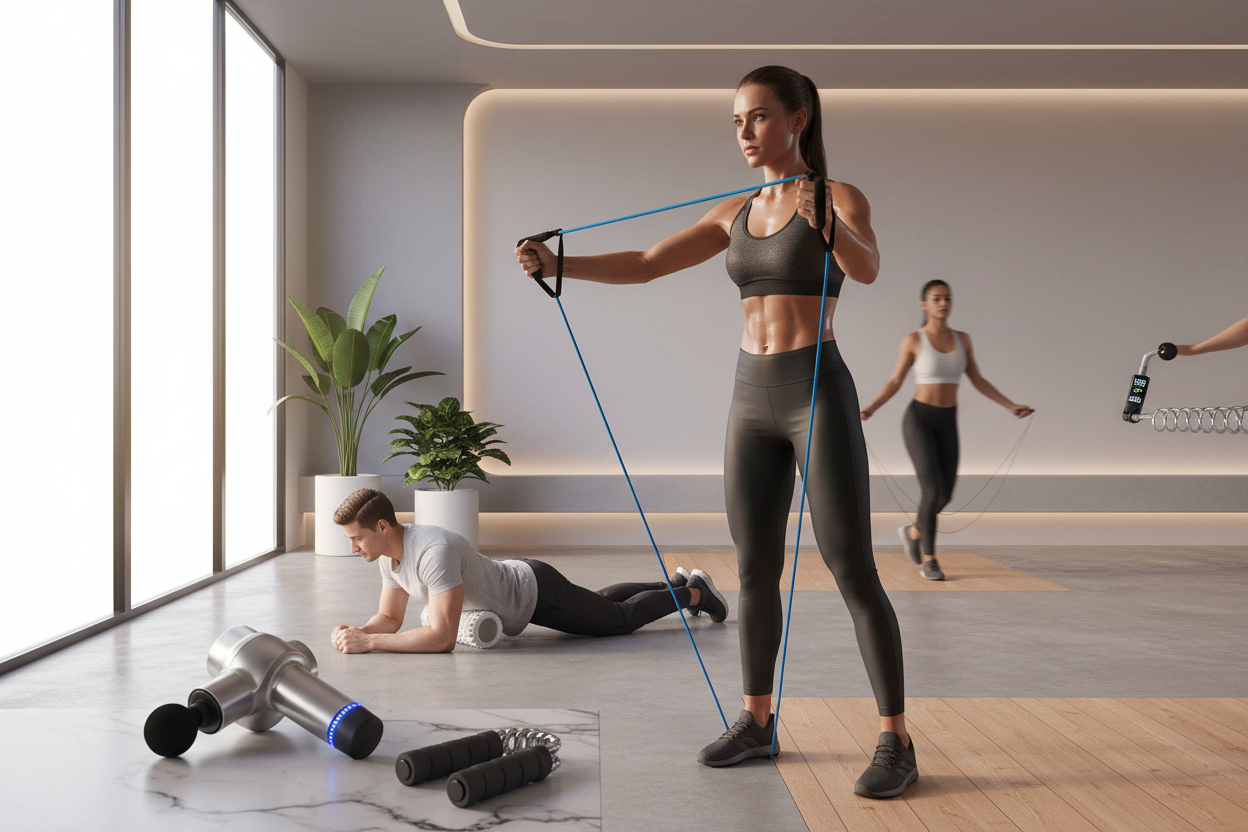 exercice à la maison en pratiquant bande elastique fitness, set rouleau de massage,pistolet de massage professionnel, grip de main à ressort, corde à sauter avec compteur digital et baton de musculation à ressort  image horizontale, énergique et motivante et attirante